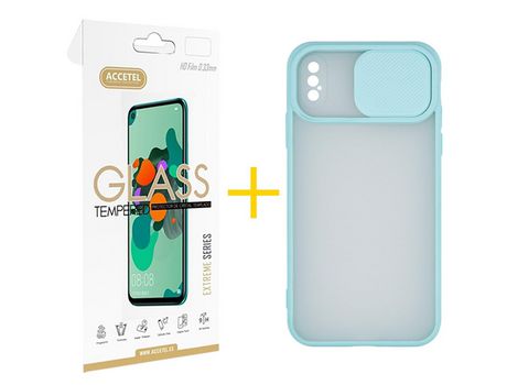 Pack 1 X Protector de Vidrio Templado 2.5D + Funda ACCETEL para iPhone XS Max Gel Protección Cámara Verde-Mar
