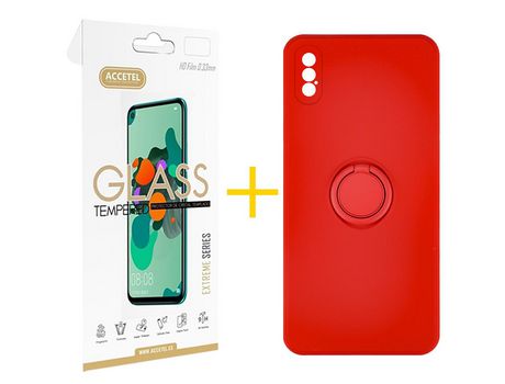 Pack 1 X Protector de Vidrio Templado 2.5D + Funda ACCETEL para iPhone XS Max Gel O-Ring Rojo