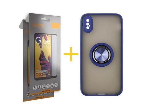 Pack 2 X Protector de Vidrio Templado Full + Funda ACCETEL para iPhone XR Gel Bumper con Anillo Azul