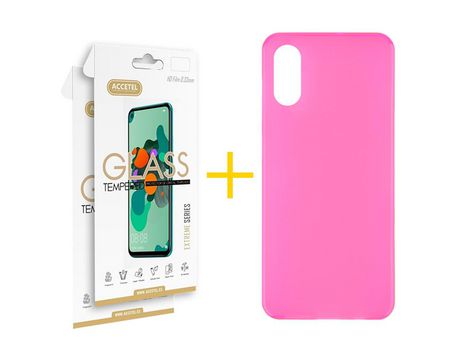 Pack 2 X Protector de Vidrio Templado 2.5D + Funda ACCETEL para iPhone X / XS Silicona Liso Rosa