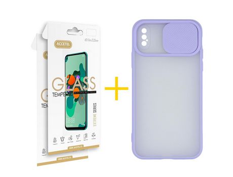 Pack 2 X Protector de Vidrio Templado 2.5D + Funda ACCETEL para iPhone XS Max Gel Protección Cámara Violeta