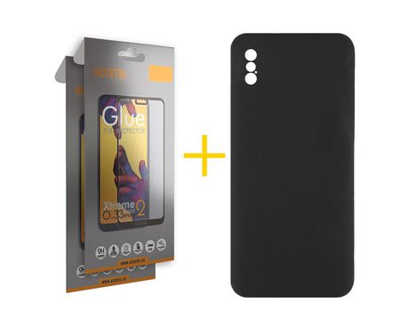 Pack 2 X Protector de Vidrio Templado Full + Funda ACCETEL para iPhone X / XS Silicona Líquida Negro