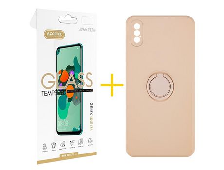 Pack 1 X Protector de Vidrio Templado 2.5D + Funda ACCETEL para iPhone XS Max Gel O-Ring Rosa Pastel