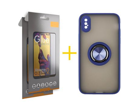 Pack 2 Películas Full + Funda SKYHE por Apple iPhone XS Max Gel Bumper con Anillo Azul