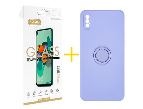 Pack 1 X Protector de Vidrio Templado 2.5D + Funda ACCETEL para iPhone XS Max Gel O-Ring Morado