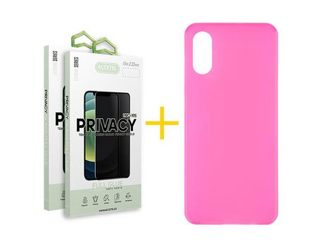 Pack 2 X Protector de Vidrio Templado Anti espía + Funda ACCETEL para iPhone XS Max Silicona Liso Rosa