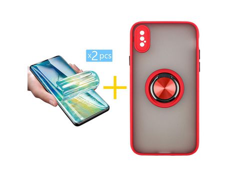 Pack 2 Películas + Funda SKYHE por Apple iPhone XS Max Gel Bumper con Anillo Rojo