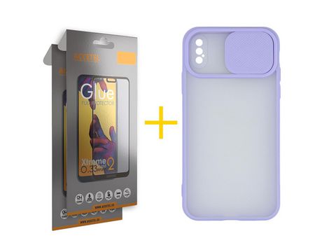 Pack 2 X Protector de Vidrio Templado Full + Funda ACCETEL para iPhone XS Max Gel Protección Cámara Violeta