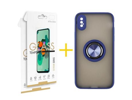 Pack 2 Películas 2.5D + Funda SKYHE por Apple iPhone XR Gel Bumper con Anillo Azul Oscuro