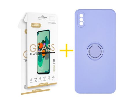 Pack 2 X Protector de Vidrio Templado 2.5D + Funda ACCETEL para iPhone XS Max Gel O-Ring Morado