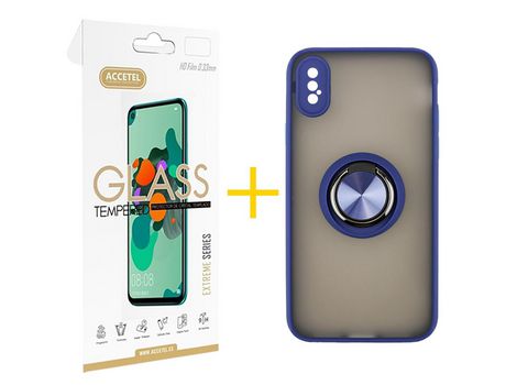 Pack 1 X Protector de Vidrio Templado 2.5D + Funda ACCETEL para iPhone XR Gel Bumper con Anillo Azul
