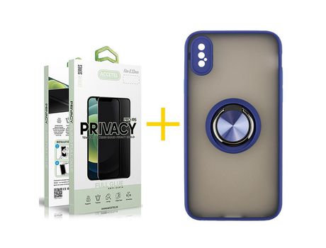 Pack 1 X Protector de Vidrio Templado Anti espía + Funda ACCETEL para iPhone XR Gel Bumper con Anillo Azul