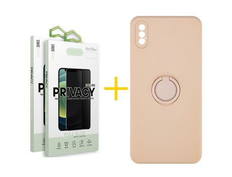 Pack 2 Películas Antiespía + Funda SKYHE por Apple iPhone XS Max Gel O-Ring Rosa Pastel