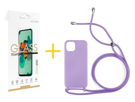Pack 1 Película 2.5D + Funda SKYHE por Apple iPhone 11 Pro Max Gel con Cordon Violeta