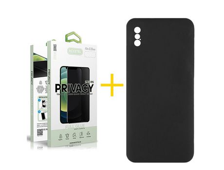 Pack 1 X Protector de Vidrio Templado Anti espía + Funda ACCETEL para iPhone XS Max Silicona Líquida Negro