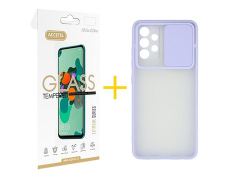 Pack 1 X Protector de Vidrio Templado 2.5D + Funda ACCETEL para Samsung Galaxy A32 4G Gel Protección Cámara Violeta