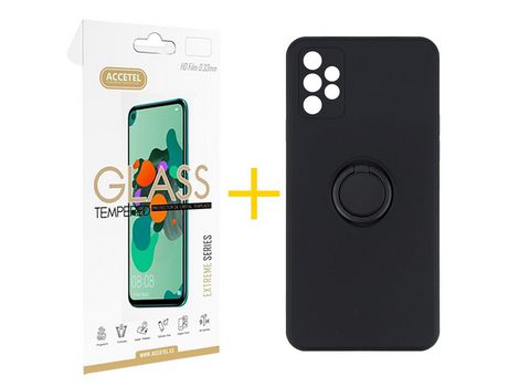 Pack 1 X Protector de Vidrio Templado 2.5D + Funda ACCETEL para Samsung Galaxy A52 S 5G Gel O-Ring Negro
