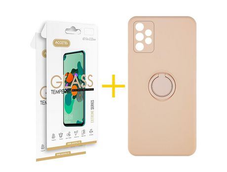 Pack 2 X Protector de Vidrio Templado 2.5D + Funda ACCETEL para Samsung Galaxy A52 5G Gel O-Ring Rosa Pastel