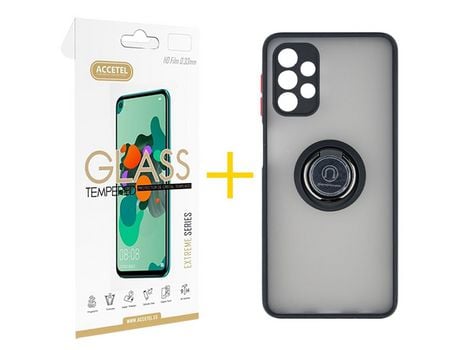Pack 1 X Protector de Vidrio Templado 2.5D + Funda ACCETEL para Samsung Galaxy A52 5G Gel Bumper con Anillo Negro