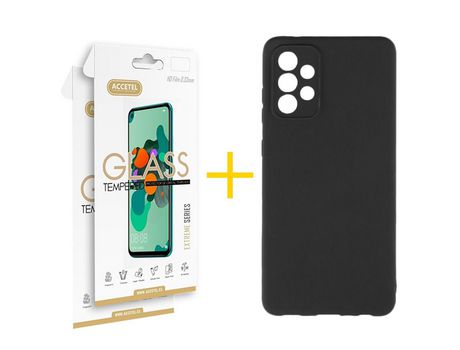 Pack 2 X Protector de Vidrio Templado 2.5D + Funda ACCETEL para Samsung Galaxy A33 5G Silicona Líquida Negro
