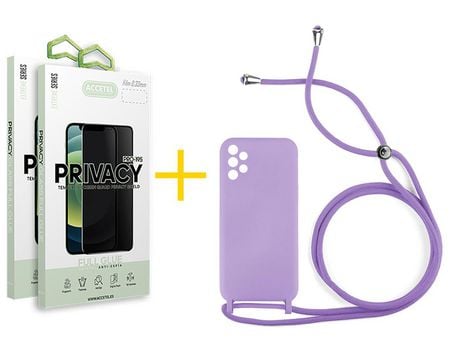 Pack 2 X Protector de Vidrio Templado Anti espía + Funda ACCETEL para Samsung Galaxy A52 5G Gel con Cordón Amarillo