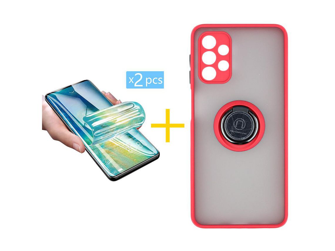 Pack 2 Películas + Funda SKYHE por Samsung Galaxy A32 5G Gel Bumper con Anillo Rojo