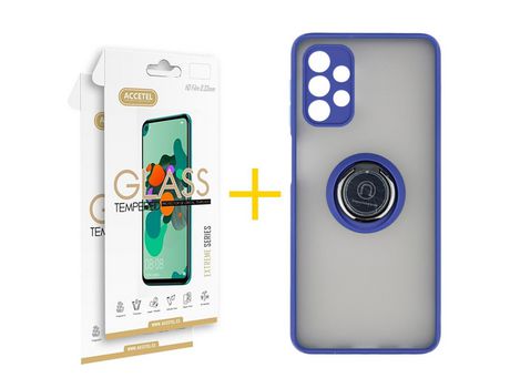 Pack 2 X Protector de Vidrio Templado 2.5D + Funda ACCETEL para Samsung Galaxy A52 5G Gel Bumper con Anillo Azul