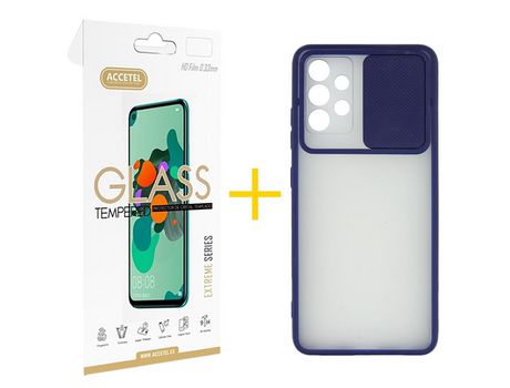 Pack 1 X Protector de Vidrio Templado 2.5D + Funda ACCETEL para Samsung Galaxy A52 S 5G Gel Protección Cámara Azul Oscuro