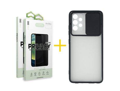 Pack 2 X Protector de Vidrio Templado Anti espía + Funda ACCETEL para Samsung Galaxy A52 S 5G Gel Protección Cámara Negro