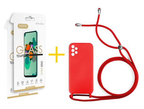 Pack 2 X Protector de Vidrio Templado 2.5D + Funda ACCETEL para Samsung Galaxy A72 5G Gel con Cordón Rojo