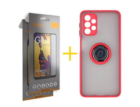 Pack 2 X Protector de Vidrio Templado Full + Funda ACCETEL para Samsung Galaxy A52 5G Gel Bumper con Anillo Rojo