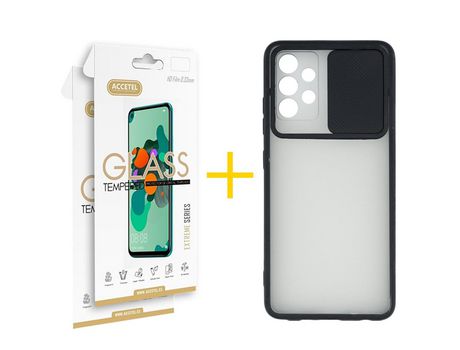 Pack 2 X Protector de Vidrio Templado 2.5D + Funda ACCETEL para Samsung Galaxy A52 5G Gel Protección Cámara Negro
