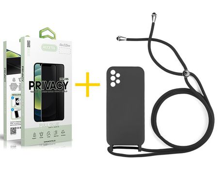 Pack 1 X Protector de Vidrio Templado Anti espía + Funda ACCETEL para Samsung Galaxy A52 5G Gel con Cordón Negro