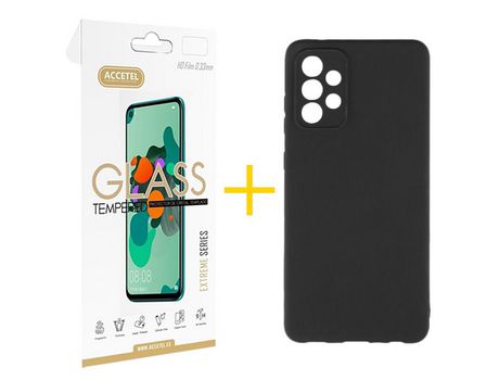 Pack 1 X Protector de Vidrio Templado 2.5D + Funda ACCETEL para Samsung Galaxy A53 5G Silicona Líquida Negro