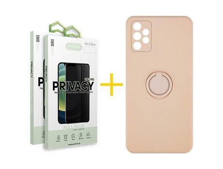 Pack 2 X Protector de Vidrio Templado Anti espía + Funda ACCETEL para Samsung Galaxy A32 4G Gel O-Ring Rosa Pastel