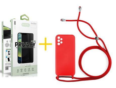 Pack 1 X Protector de Vidrio Templado Anti espía + Funda ACCETEL para Samsung Galaxy A52 5G Gel con Cordón Rojo