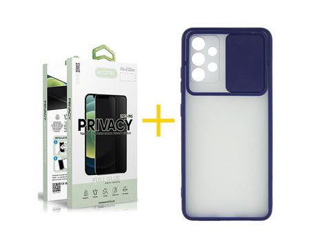 Pack 1 X Protector de Vidrio Templado Anti espía + Funda ACCETEL para Samsung Galaxy A32 4G Gel Protección Cámara Azul Oscuro