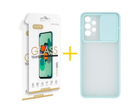 Pack 2 X Protector de Vidrio Templado 2.5D + Funda ACCETEL para Samsung Galaxy A52 S 5G Gel Protección Cámara Verde-Mar