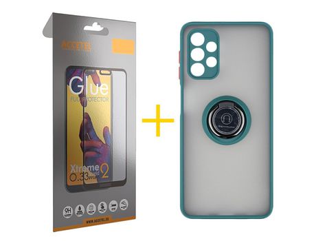 Pack 1 X Protector de Vidrio Templado Full + Funda ACCETEL para Samsung Galaxy A52 S 5G Gel Bumper con Anillo Verde