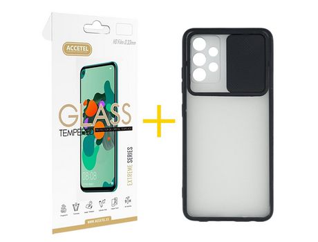 Pack 1 X Protector de Vidrio Templado 2.5D + Funda ACCETEL para Samsung Galaxy A52 5G Gel Protección Cámara Negro