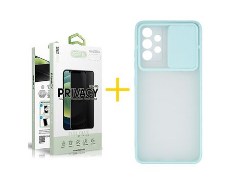 Pack 1 X Protector de Vidrio Templado Anti espía + Funda ACCETEL para Samsung Galaxy A32 4G Gel Protección Cámara Verde-Mar