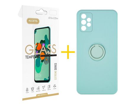 Pack 1 X Protector de Vidrio Templado 2.5D + Funda ACCETEL para Samsung Galaxy A52 5G Gel O-Ring Verde-Agua