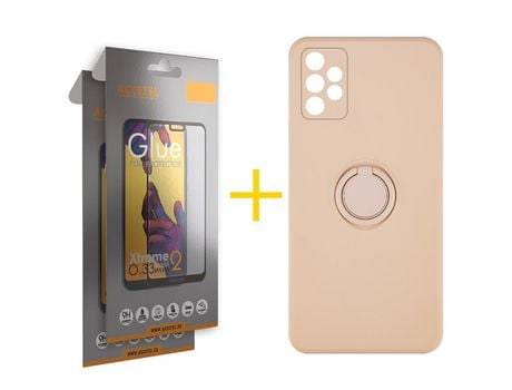 Pack 2 X Protector de Vidrio Templado Full + Funda ACCETEL para Samsung Galaxy A52 5G Gel O-Ring Rosa Pastel