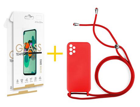 Pack 2 Películas 2.5D + Funda SKYHE por Samsung Galaxy A53 5G Gel con Cordón Rojo