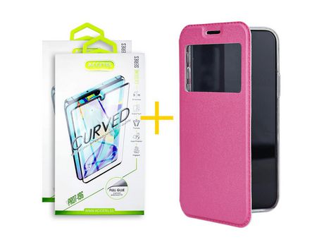 Pack 2 X Protector de Vidrio Templado Curvado + Funda ACCETEL para Samsung Galaxy S20 Plus 5G Flip Cover Gandy Rosa