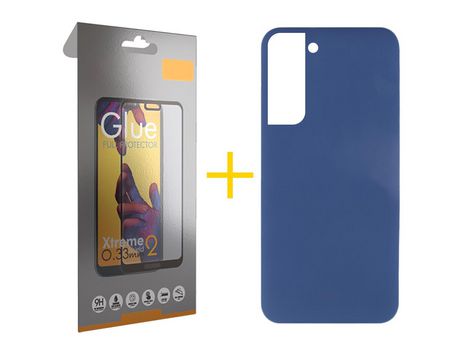 Pack 1 Película Full + Funda para Samsung Galaxy S22 Plus 5G Silicona Líquida Azul Oscuro