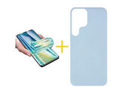Pack 1 X Protector de Vidrio Templado Hidrogel + Funda para Samsung Galaxy S22 Ultra 5G Silicona Líquida Azul Claro
