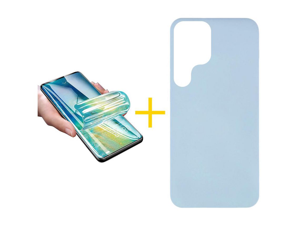 Pack 1 X Protector de Vidrio Templado Hidrogel + Funda para Samsung Galaxy S22 Ultra 5G Silicona Líquida Azul Claro