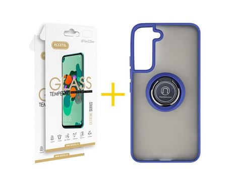 Pack 2 X Protector de Vidrio Templado 2.5D + Funda ACCETEL para Samsung Galaxy S21 FE 5G Gel Bumper con Anillo Azul