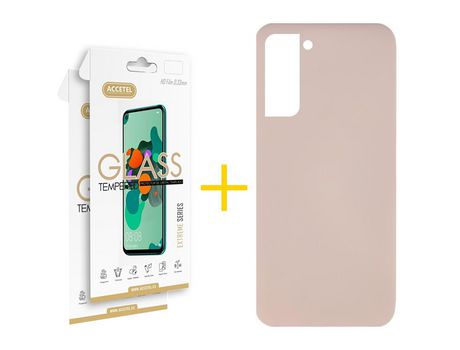 Pack 2 X Protector de Vidrio Templado 2.5D + Funda ACCETEL para Samsung Galaxy S21 FE 5G Silicona Líquida Rosa